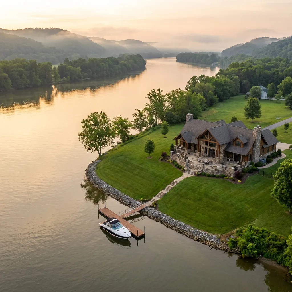 After: Aerial landscape with enhanced colors - vibrant greens, clear sky, defined tree lines